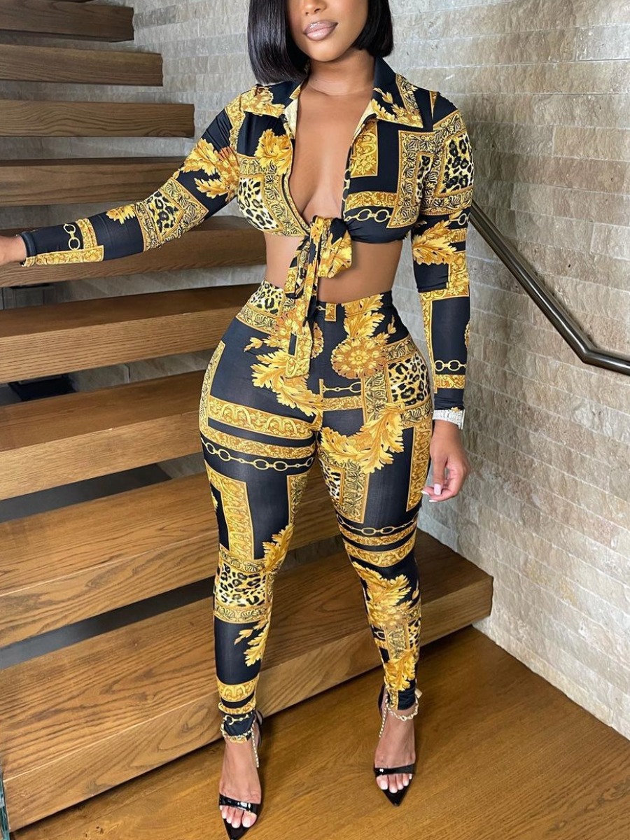 

LW SXY Animal Chain Print Lace Up Pants Set, Yellow