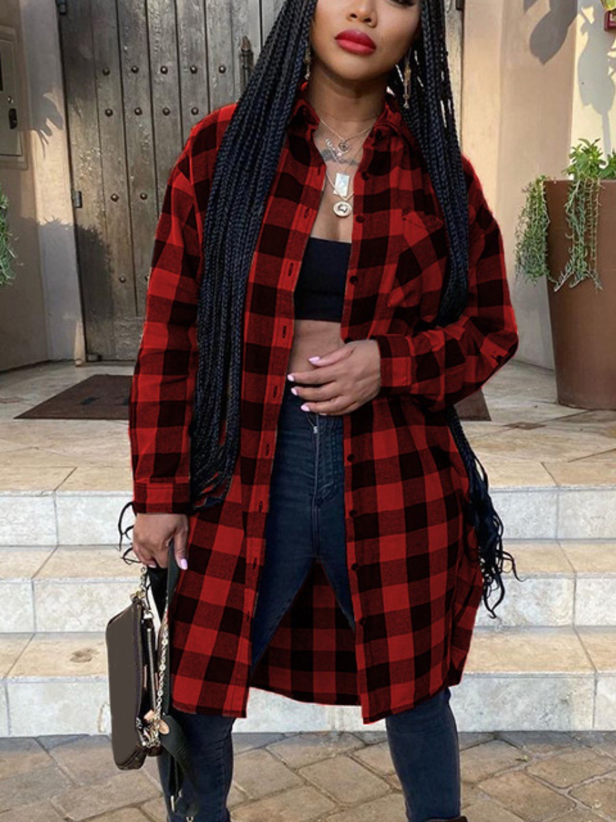 

LW Button Design Plaid Trench Coat, Red