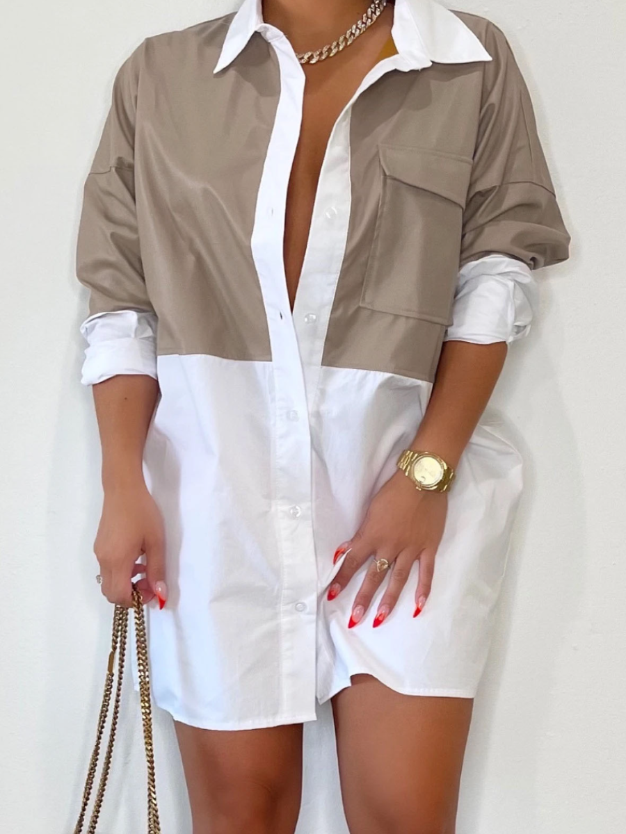 

LW Leather Pocket Design Patchwork Shirt Dress, Apricot