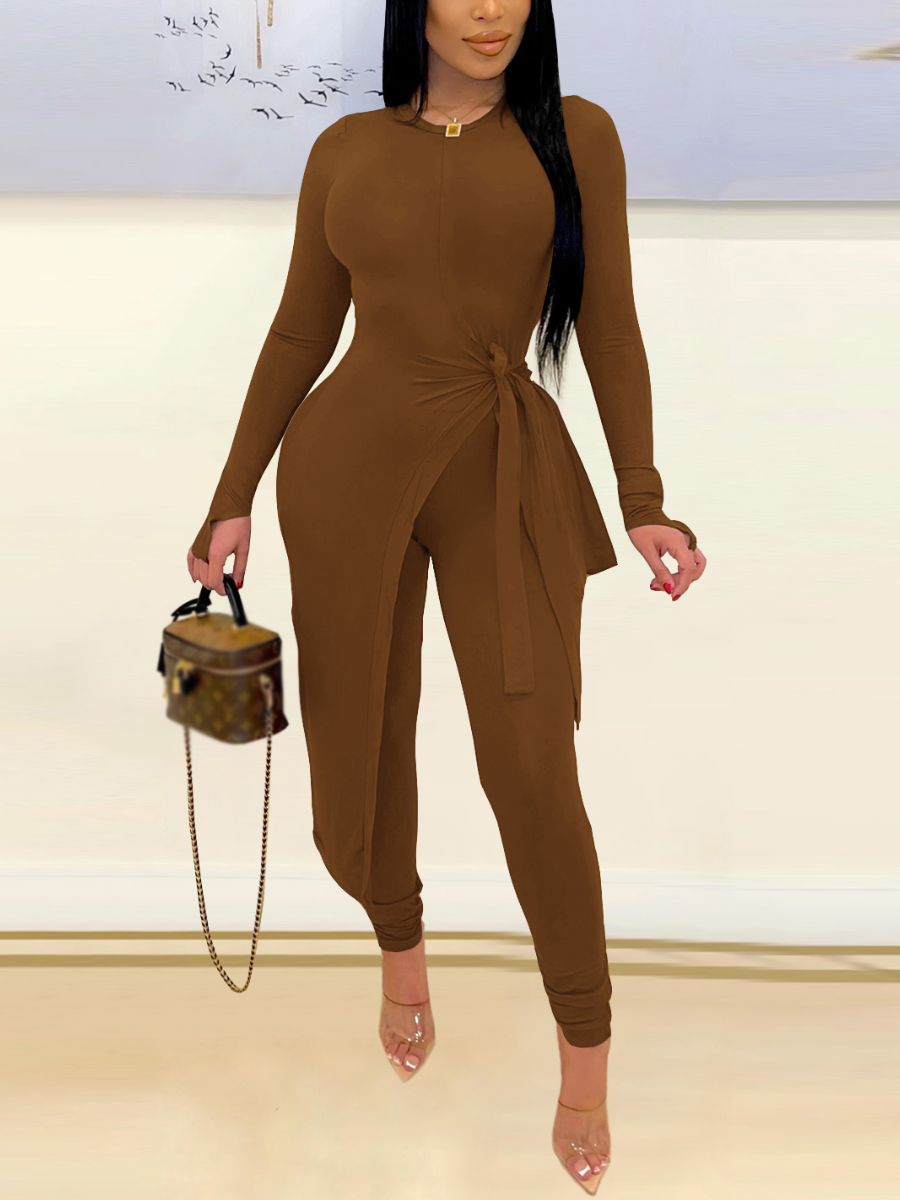 

LW Round Neck Side Split Pants Set, Brown