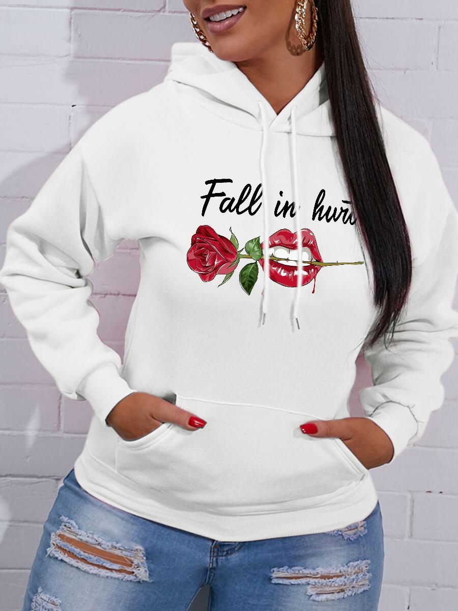 

LW Rose Flower Lip Letter Print Hoodie, White