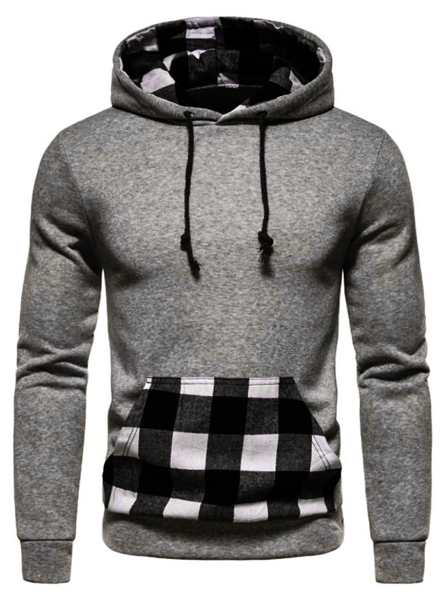 

LW Men Plaid Print Kangaroo Pocket Hoodie, Light grey