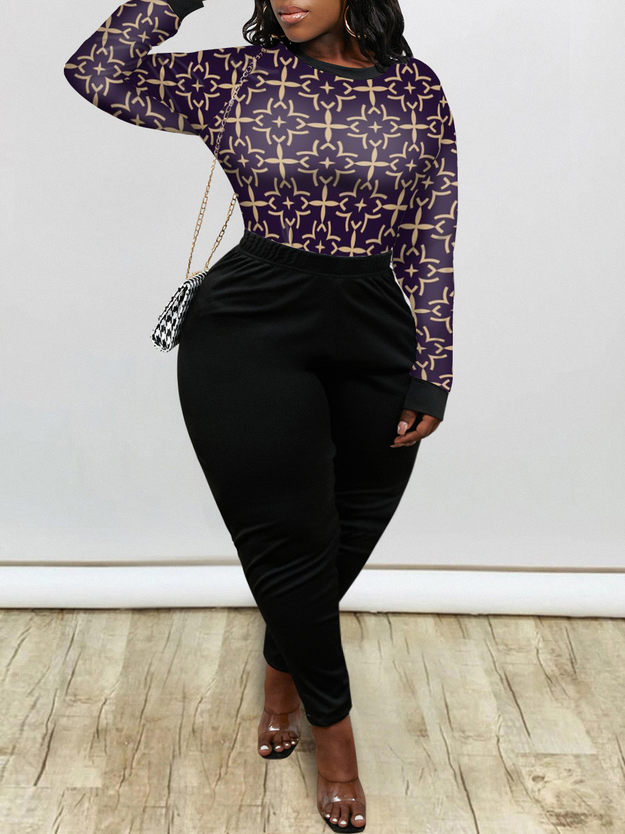 

LW Plus Size Round Neck Geometric Print Pants Set, Black