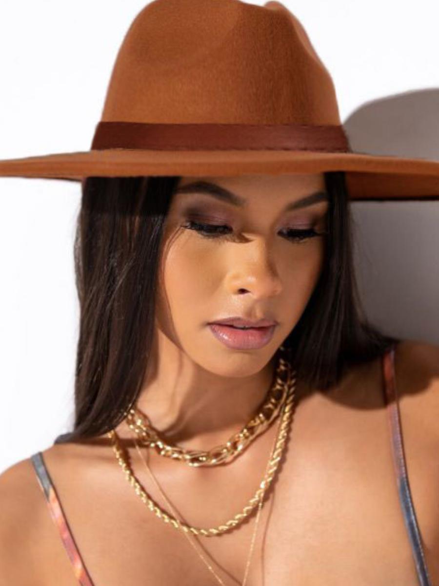LovelyWholesale Buckle Design Fedora Hat All Seasons Casual Patchwork Spring Summer 2024