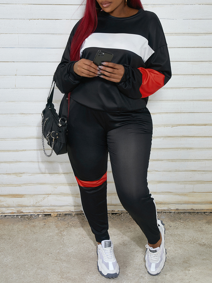 

LW Plus Size Striped Panel Drawstring Tracksuit Set, Black