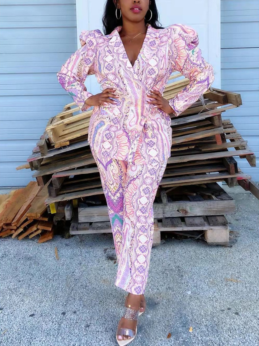

LW Plus Size Puff Sleeve Blazer Pants Set, Pink
