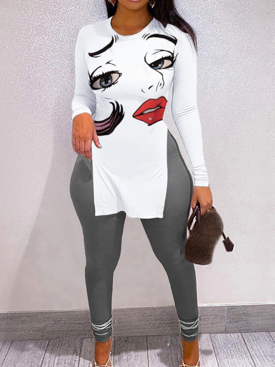 

LW Figure Lip Print Side Slit Pants Set, White