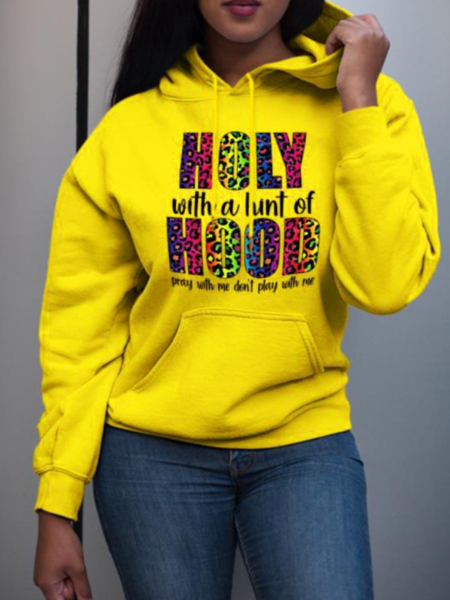 LovelyWholesale Plus Size Leopard Letter Print Hoodie Fall Street Pocket Design Hooded Collar  4X Spring Summer 2024