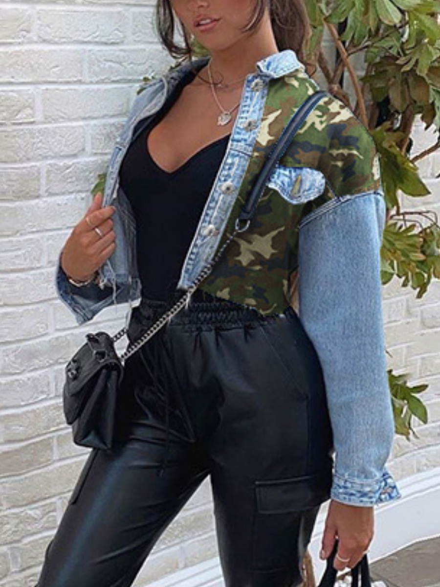 

LW Camo Print Raw Edge Denim Jacket, Baby blue