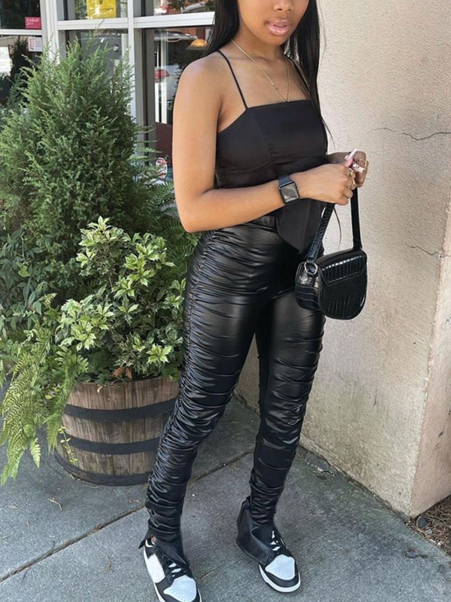 

LW High-waisted Ruched Leather Pants, Black