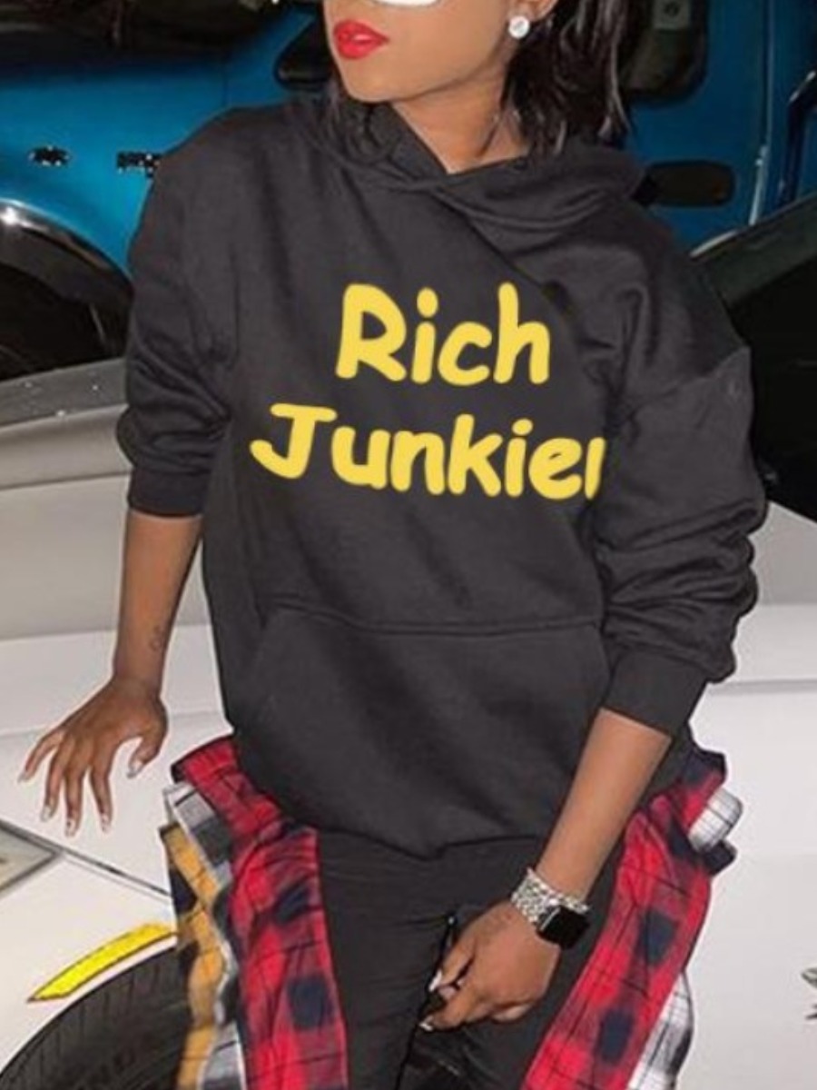

LW Letter Print Kangaroo Pocket Hoodie, Black