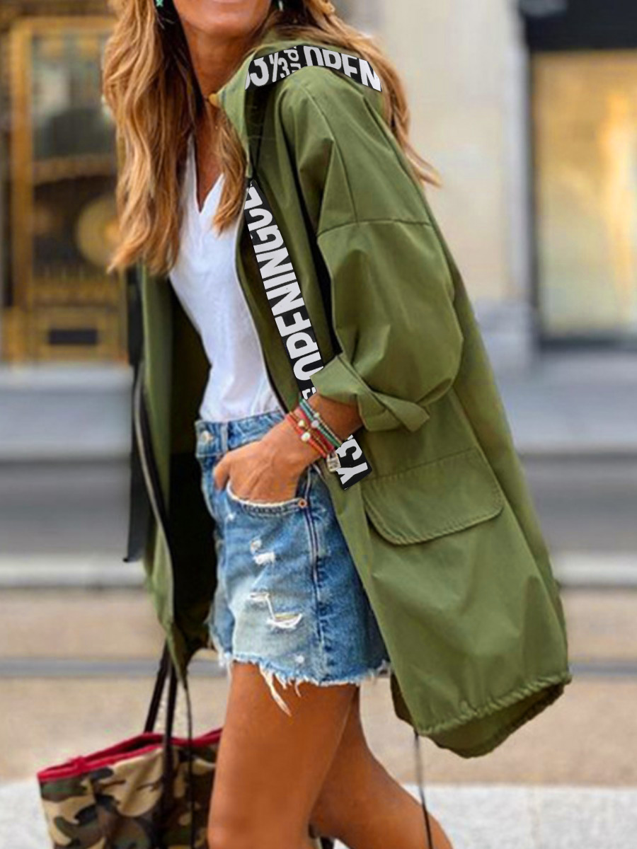 

LW Letter Zipper Design Oversized Trench Coat, Army green