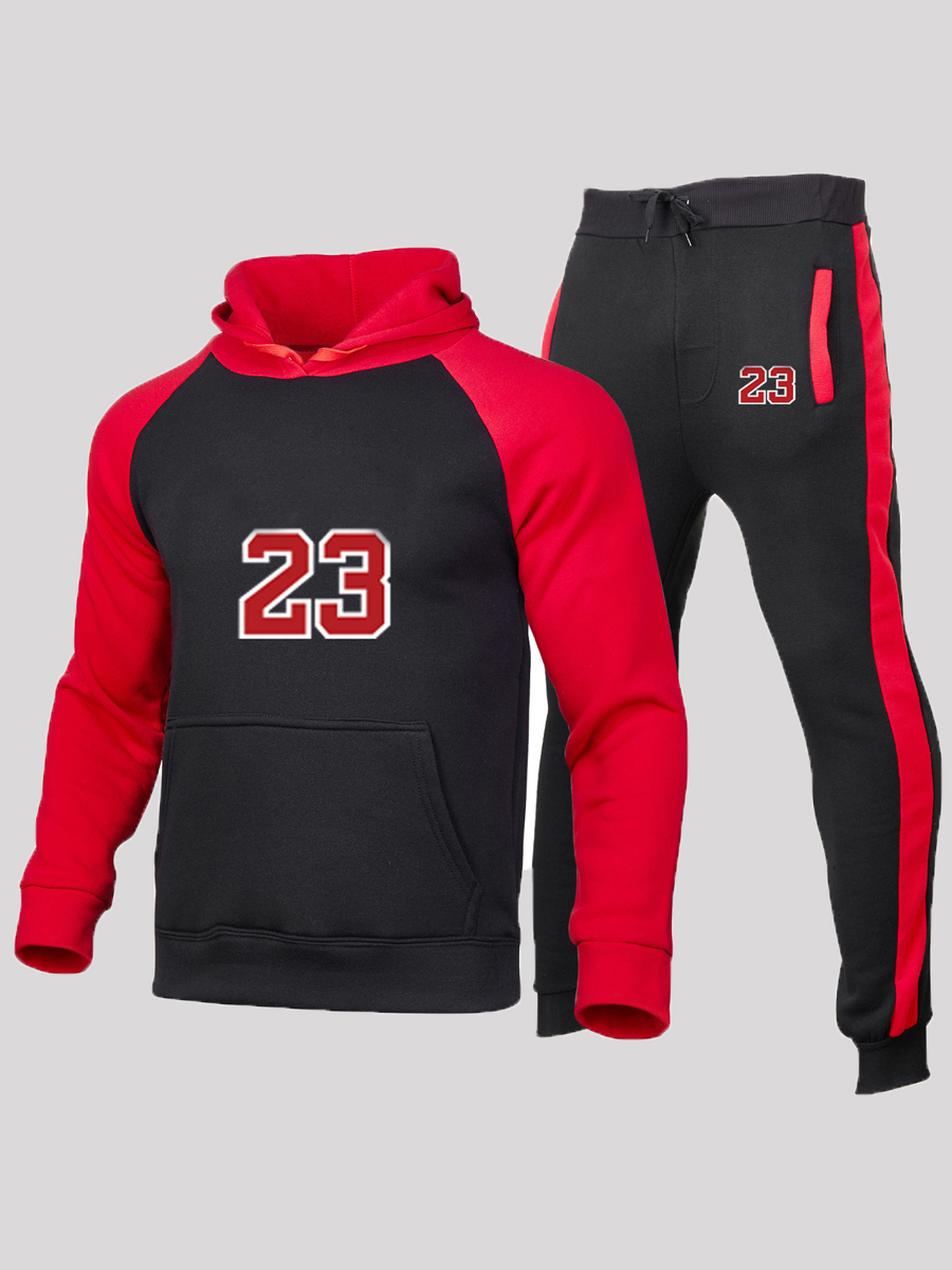 

LW COTTON Men Letter Print Drawstring Tracksuit Set, Black