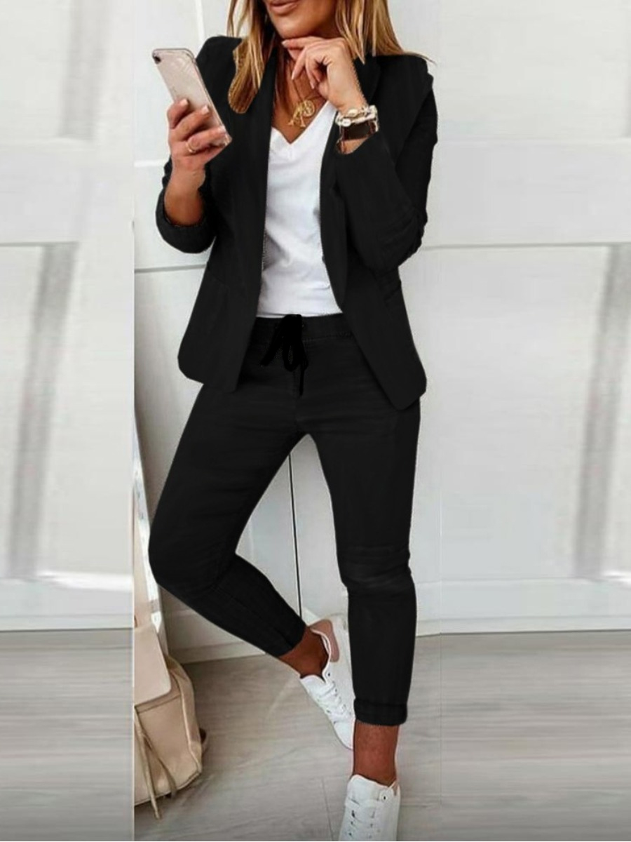 

LW Lace-up Solid Blazer Pants Set, Black