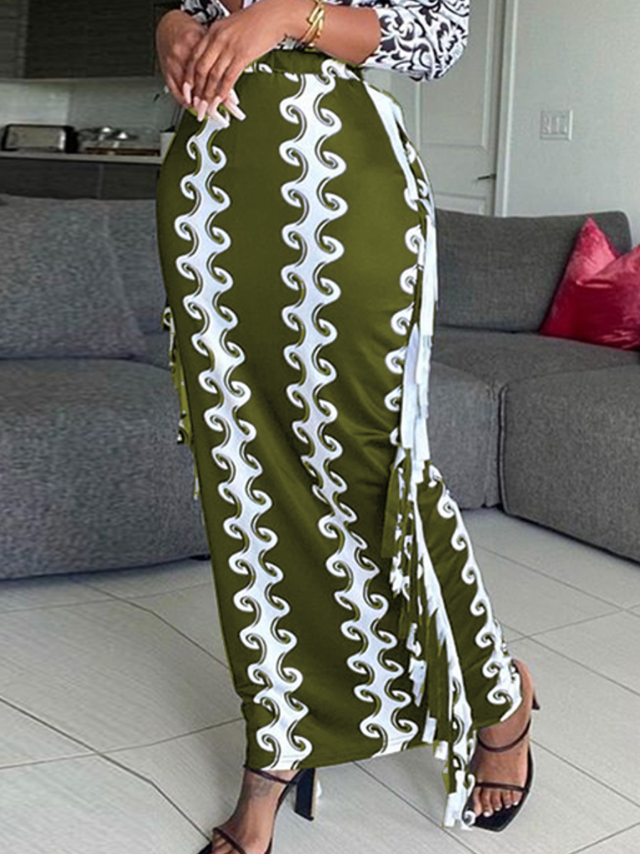 

LW Side Tassels Long Pencil Skirt, Green
