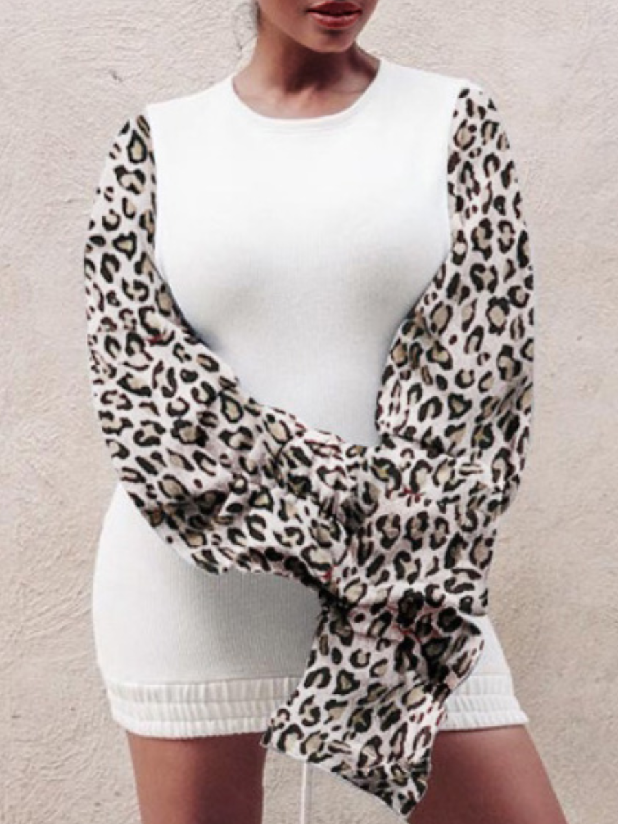 

LW Round Neck Leopard Print Dress, White