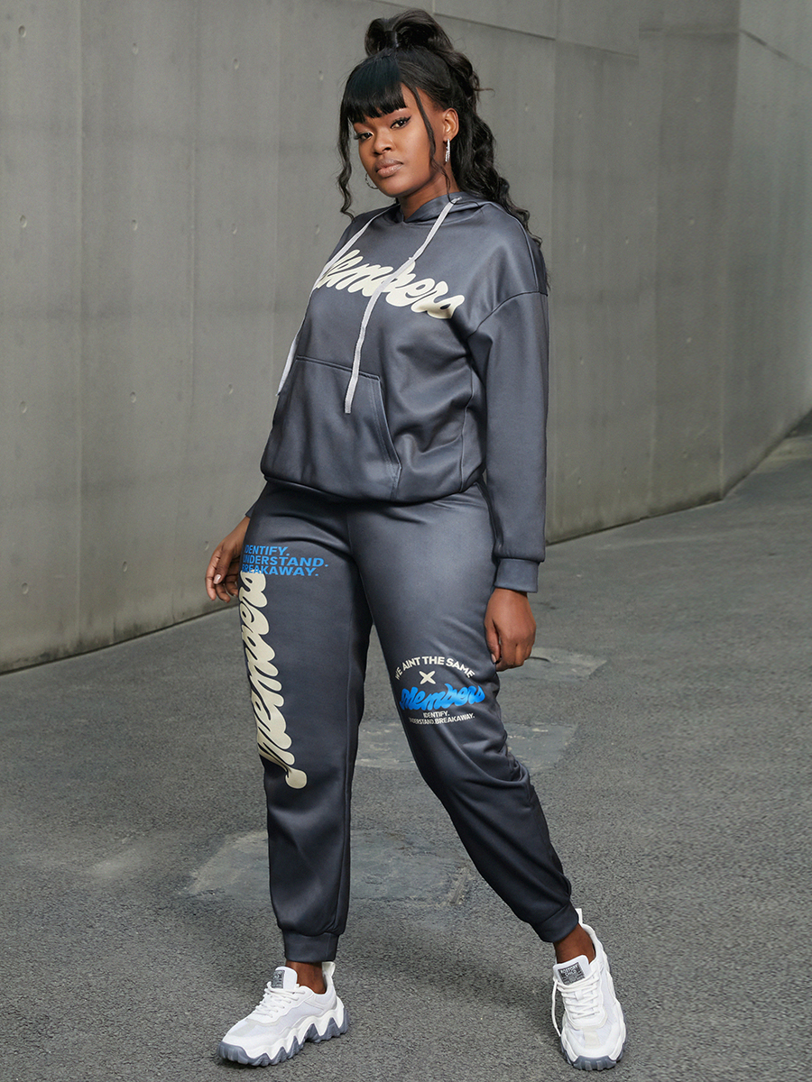 

LW Letter Print Drawstring Tracksuit Set, Dark grey