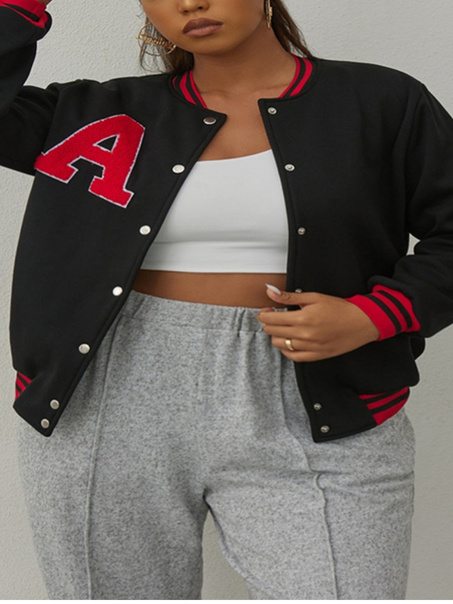 

LW Baseball Collar Letter Striped Button Design Jacket, Black
