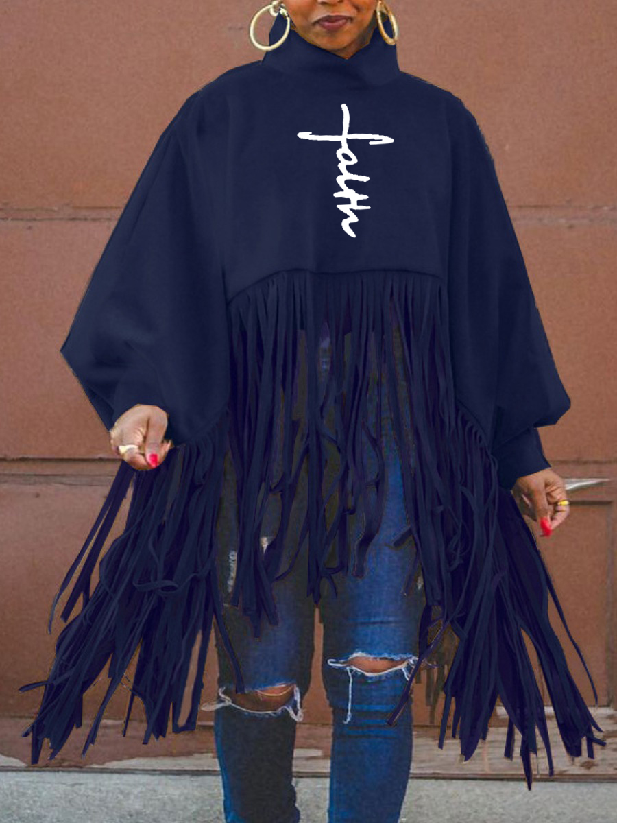

LW Plus Size Letter Print Tassel Design Blouse, Deep blue