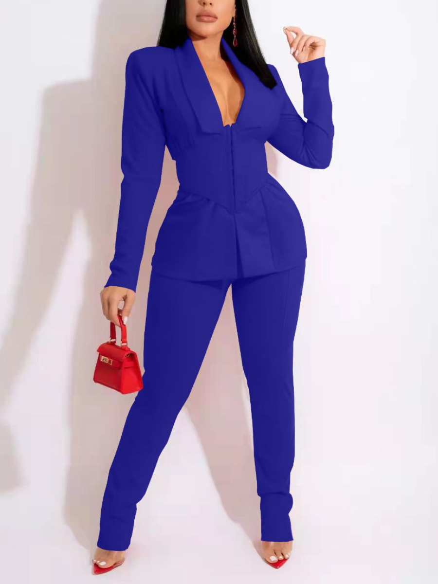 

LW Turndown Collar Regular Fit Pants Set, Blue