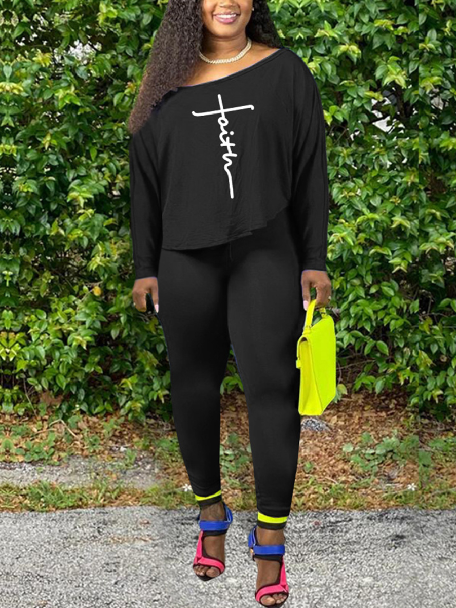 

LW Plus Size Faith Boat Neck Letter Print Pants Set, Black