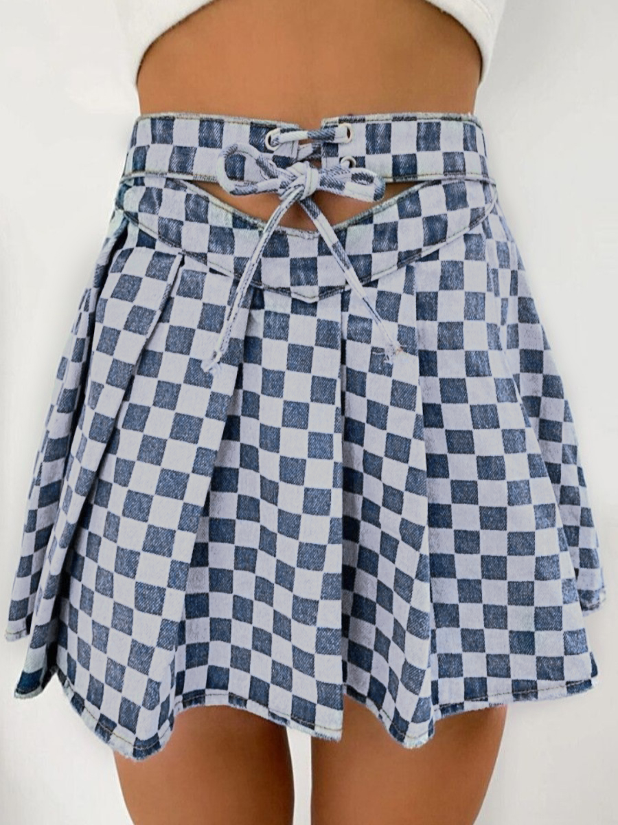 

LW Plaid Print Bandage Design Denim Skirt, Blue