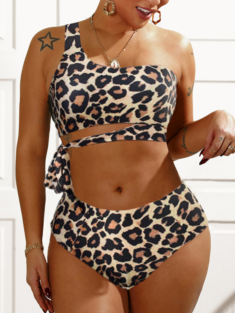 

LW One Shoulder Leopard Print Lace-up Bikini Set