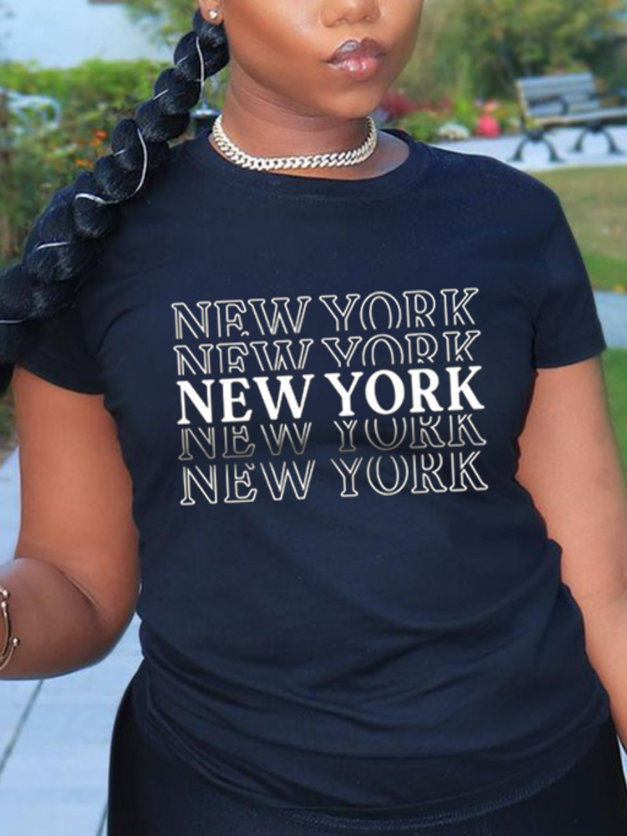 

LW Round Neck Letter Print T-shirt, Black