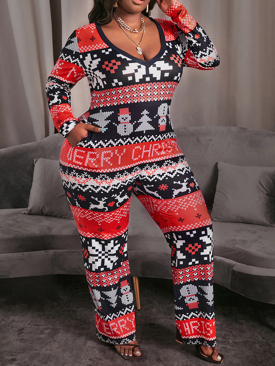 

LW Plus Size Christmas Day Geometric Print Jumpsuit, Multi