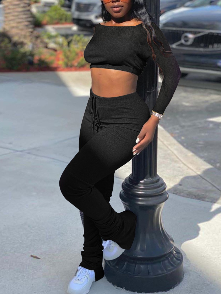 

LW Crop Top Drawstring Stacked Pants Set, Black
