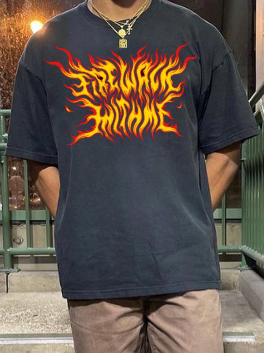 

LW Men Round Neck Flame Print T-shirt, Black