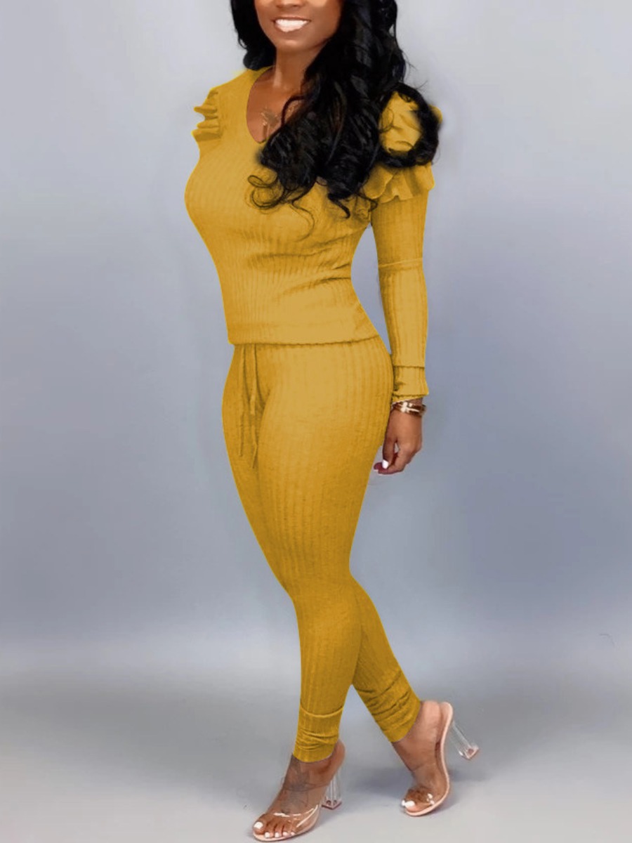 

LW Rib-Knit Ruffle Drawstring Solid Pants Set, Yellow