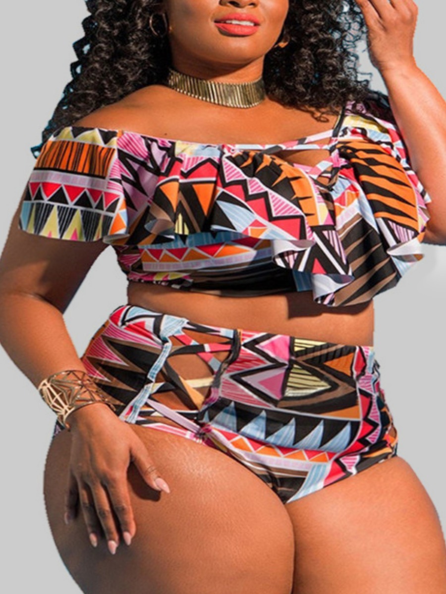 

LW Plus Size Geometric Ruffle Print Tankini, Multi