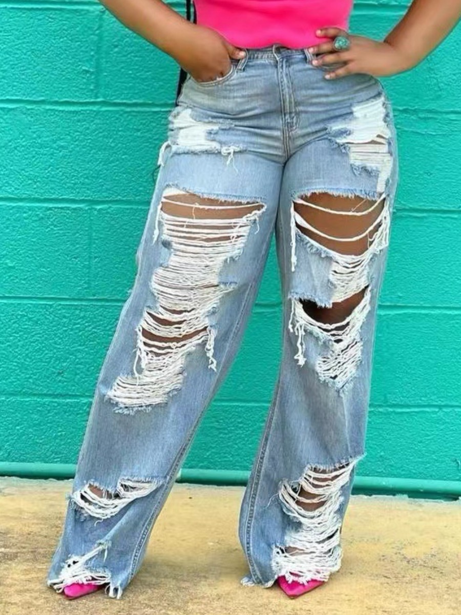 

LW Mid Waist Ripped Jeans (No Stretch), Blue