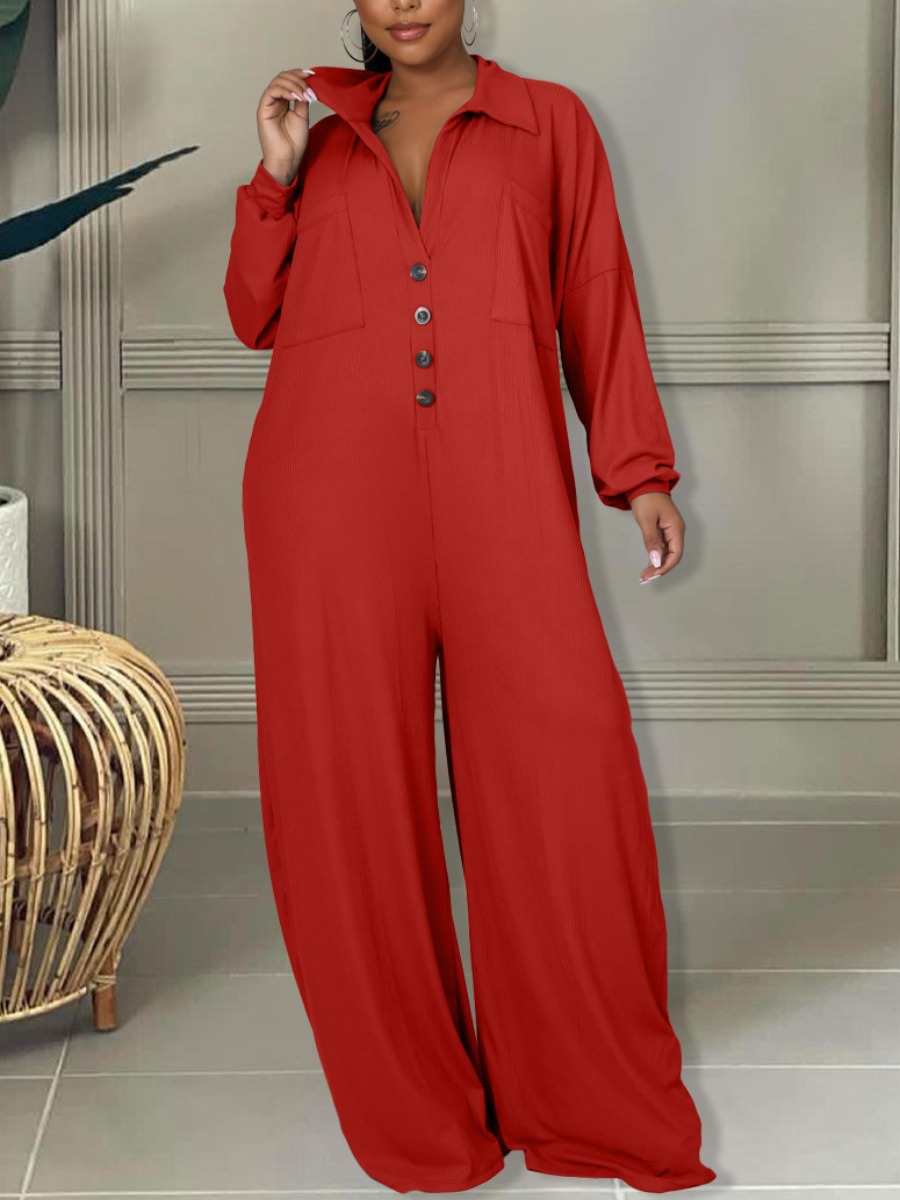 

LW Button Design Loose Jumpsuit, Red