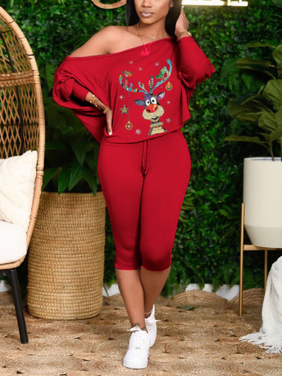 

LW Plus Size Cartoon Print Loose Pants Set, Red