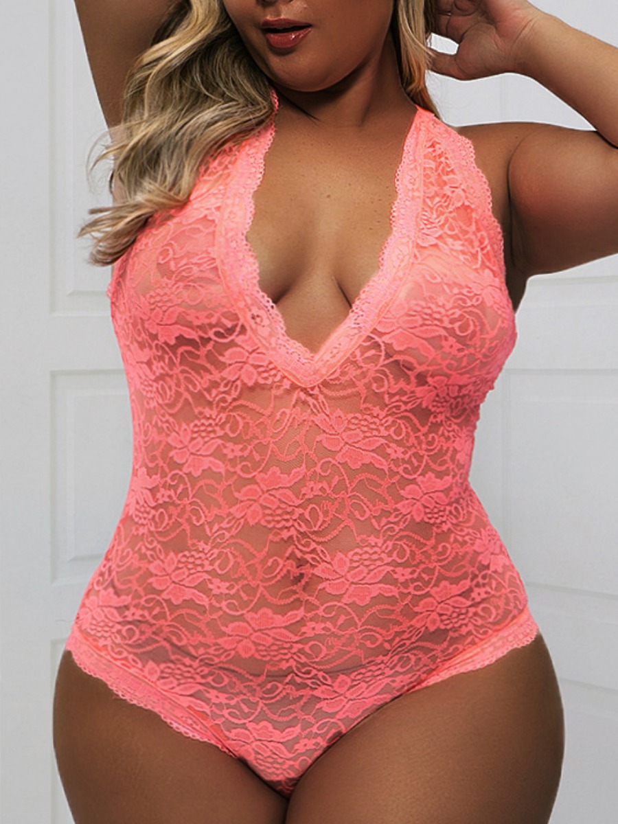

LW SXY Plus Size Floral Decor See-through Teddies, Pink