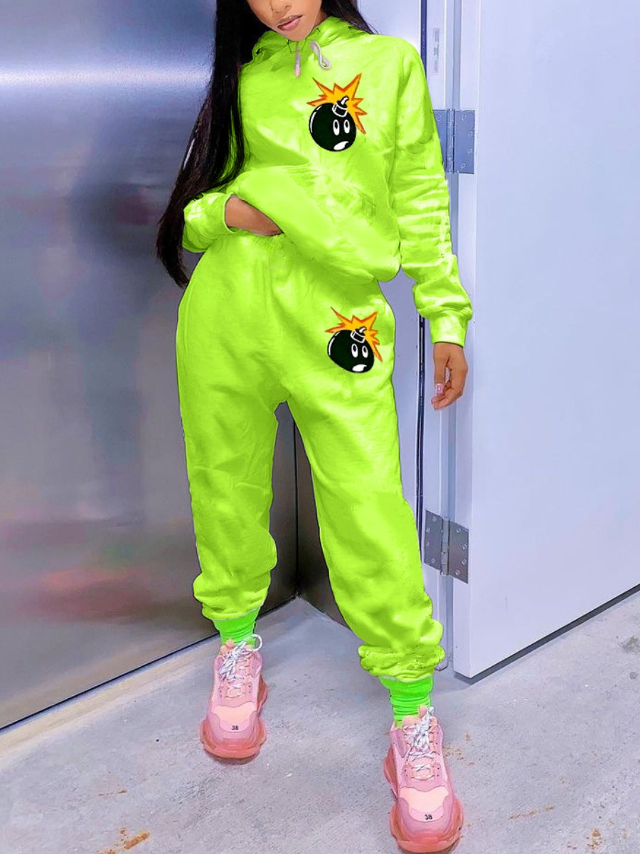 

LW Cartoon Print Kangaroo Pocket Drawstring Hoodie Tracksuit Set, Green