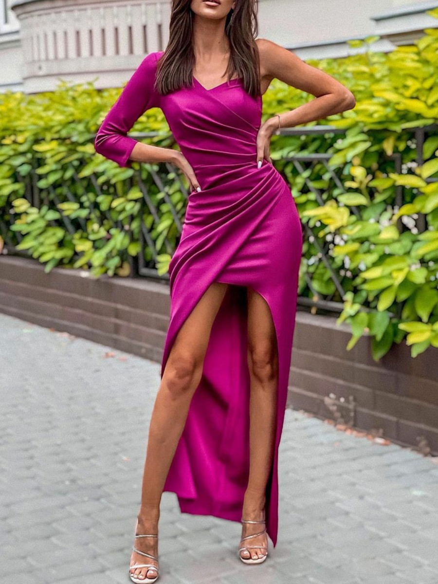

LW SXY Asymmetrical One Shoulder Ruched Dress, Rose red