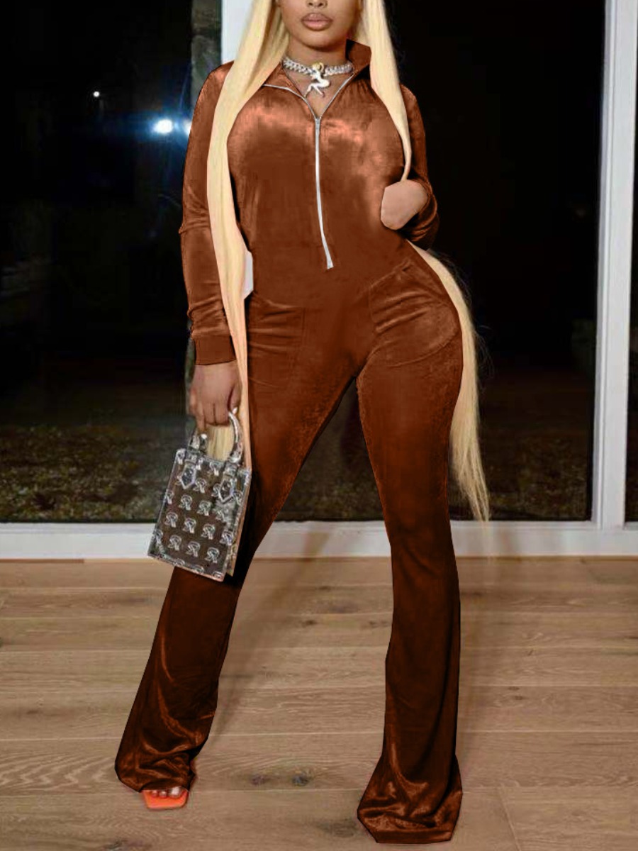 

LW BASICS Velvet Zipper Design Jumpsuit, Coffee