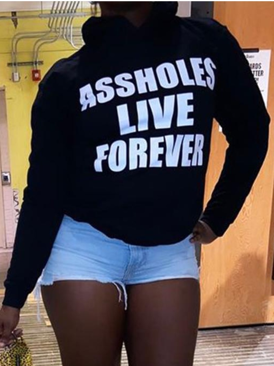 

LW Letter Print Kangaroo Pocket Hoodie, Black