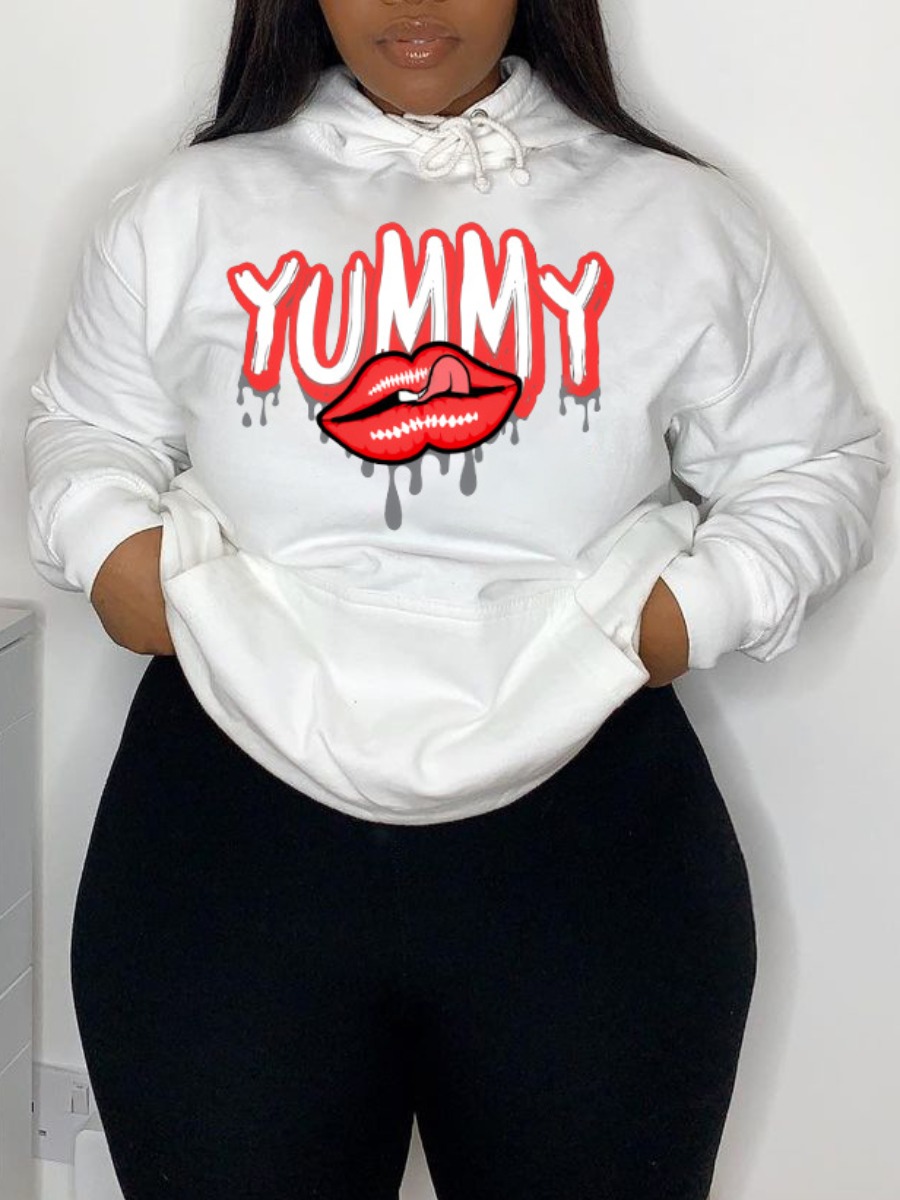 

LW Lip Letter Print Kangaroo Pocket Drawstring Oversized Hoodie, White