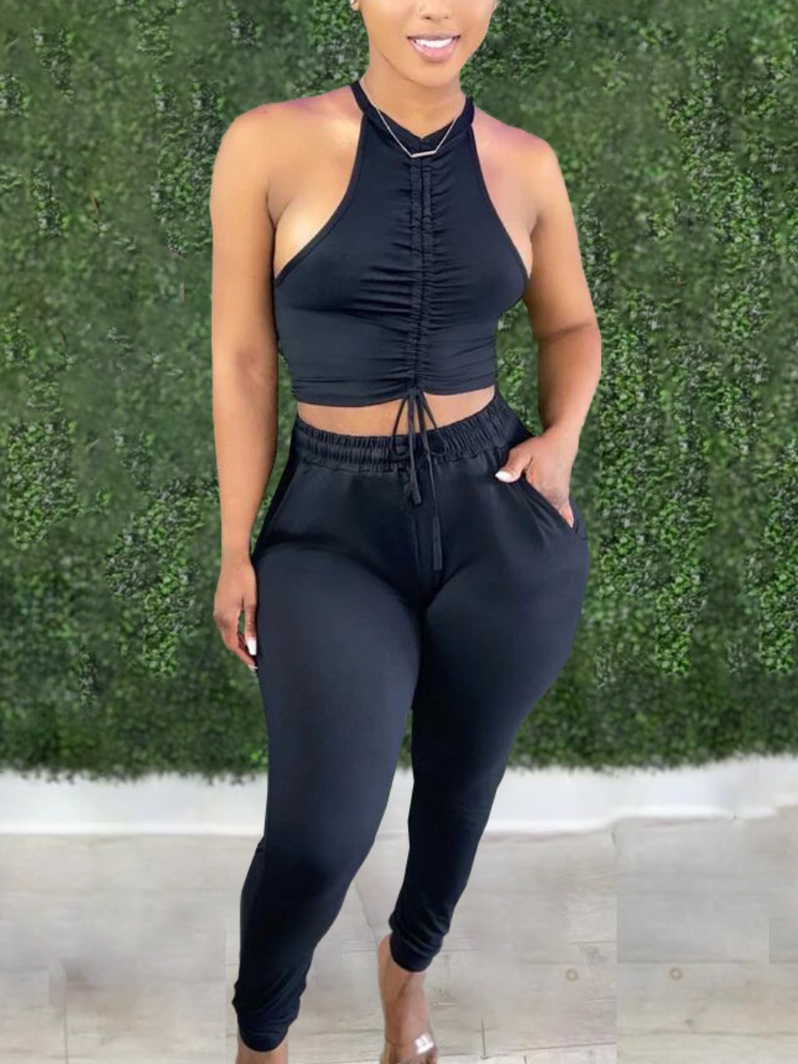 

LW Ruched Drawstring Pants Set, Black