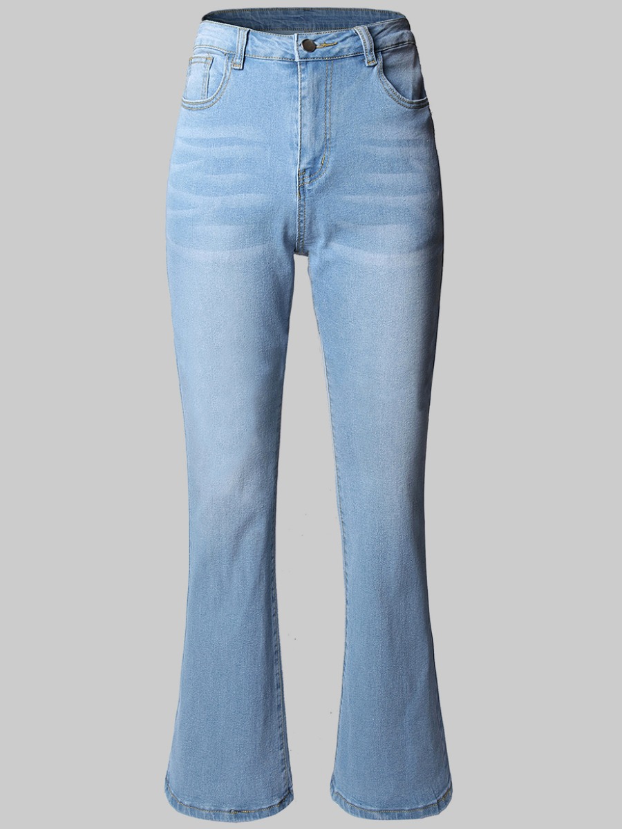 

LW Mid Waist Pocket Design Boot Cut Jeans, Baby blue