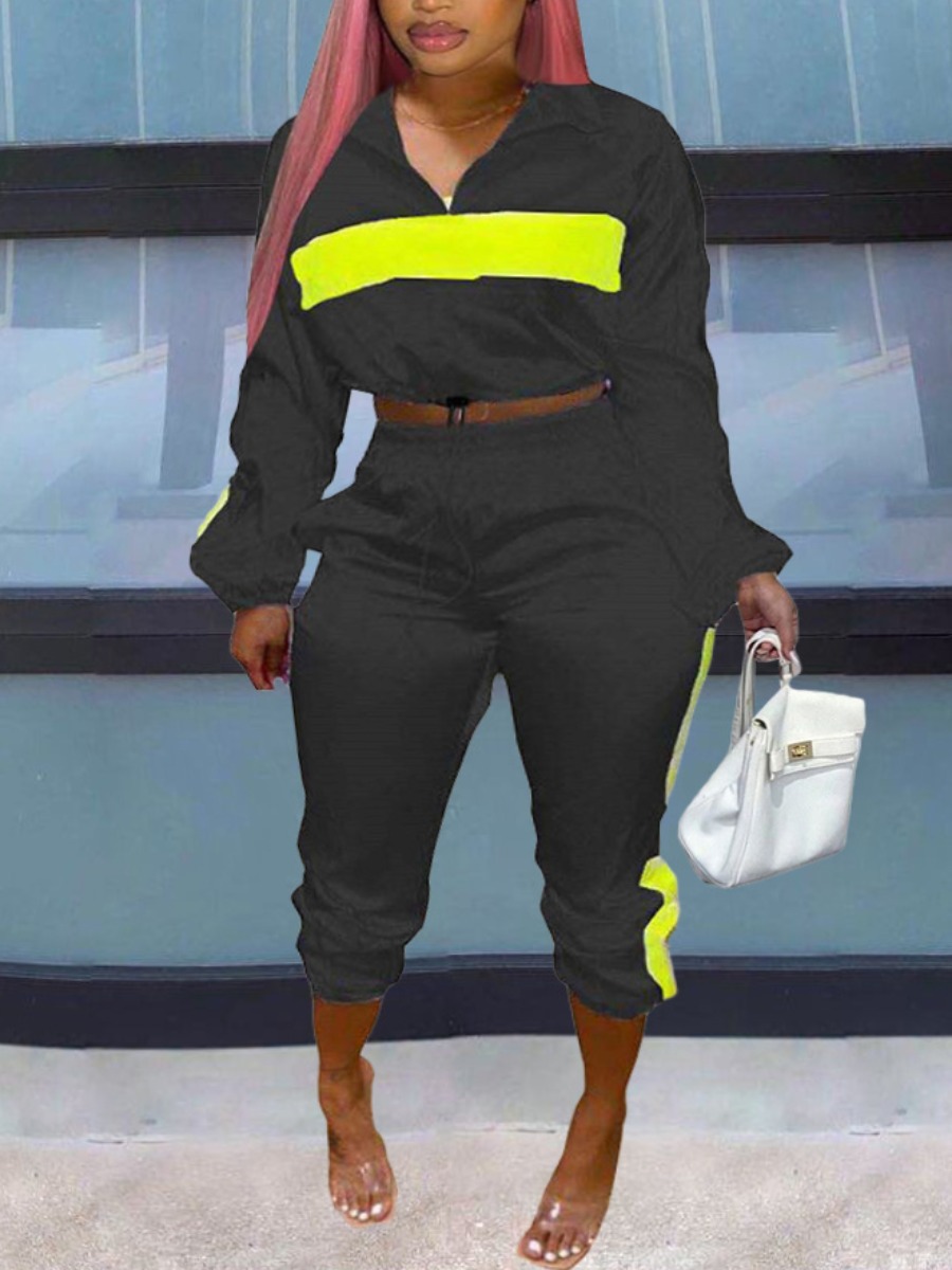 

LW Plus Size Drawstring Patchwork Tracksuit Set, Black
