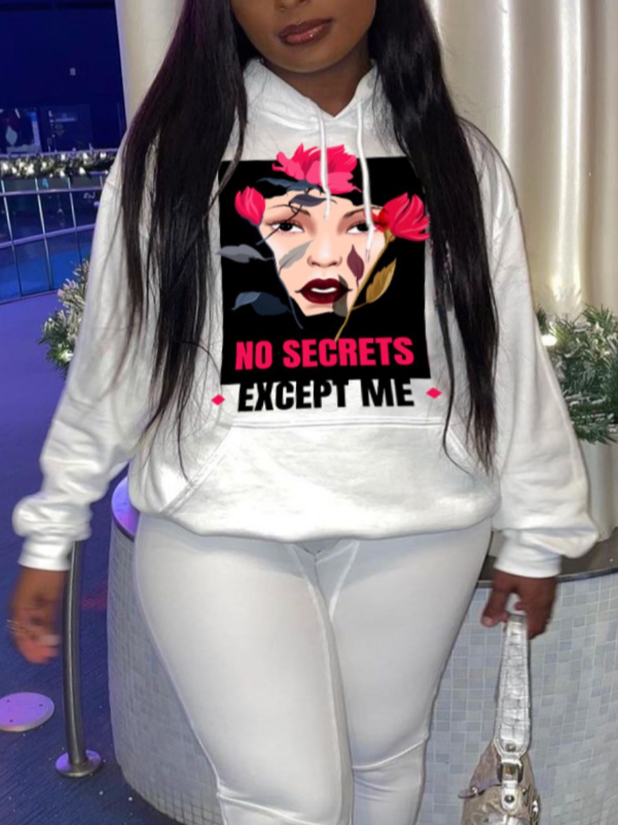 

LW Plus Size Floral Letter Print Hoodie, White