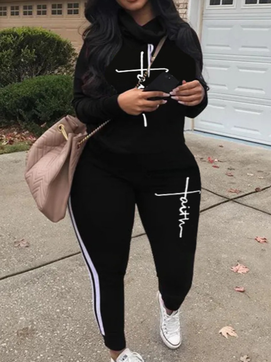 LW Plus Size Faith Letter Print Striped Tracksuit 