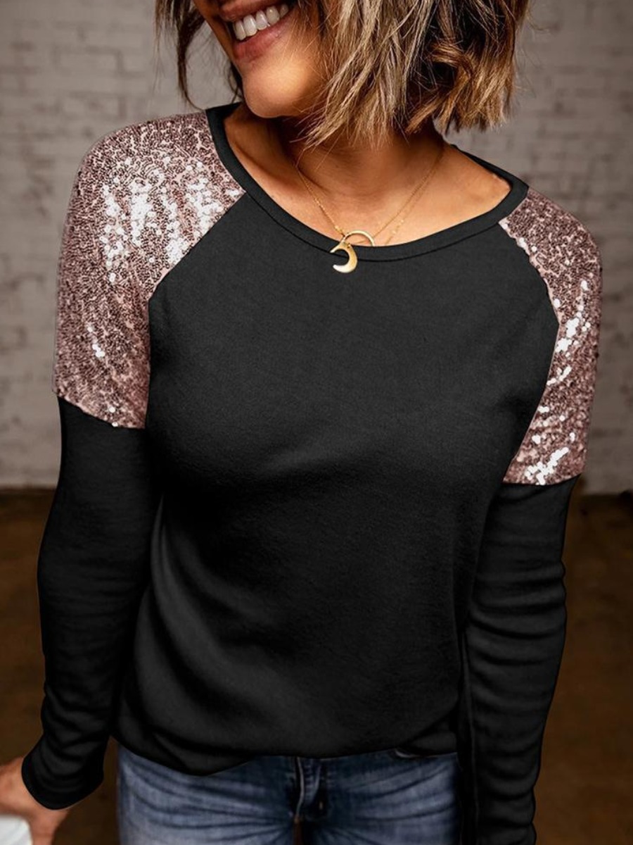 LW Round Neck Sequined Patchwork T-shirt