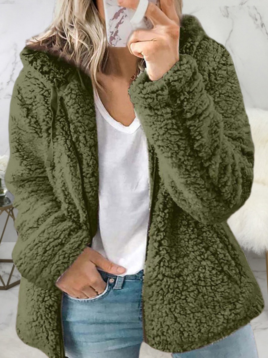 

LW Plus Size Hooded Collar Teddy Jacket, Army green