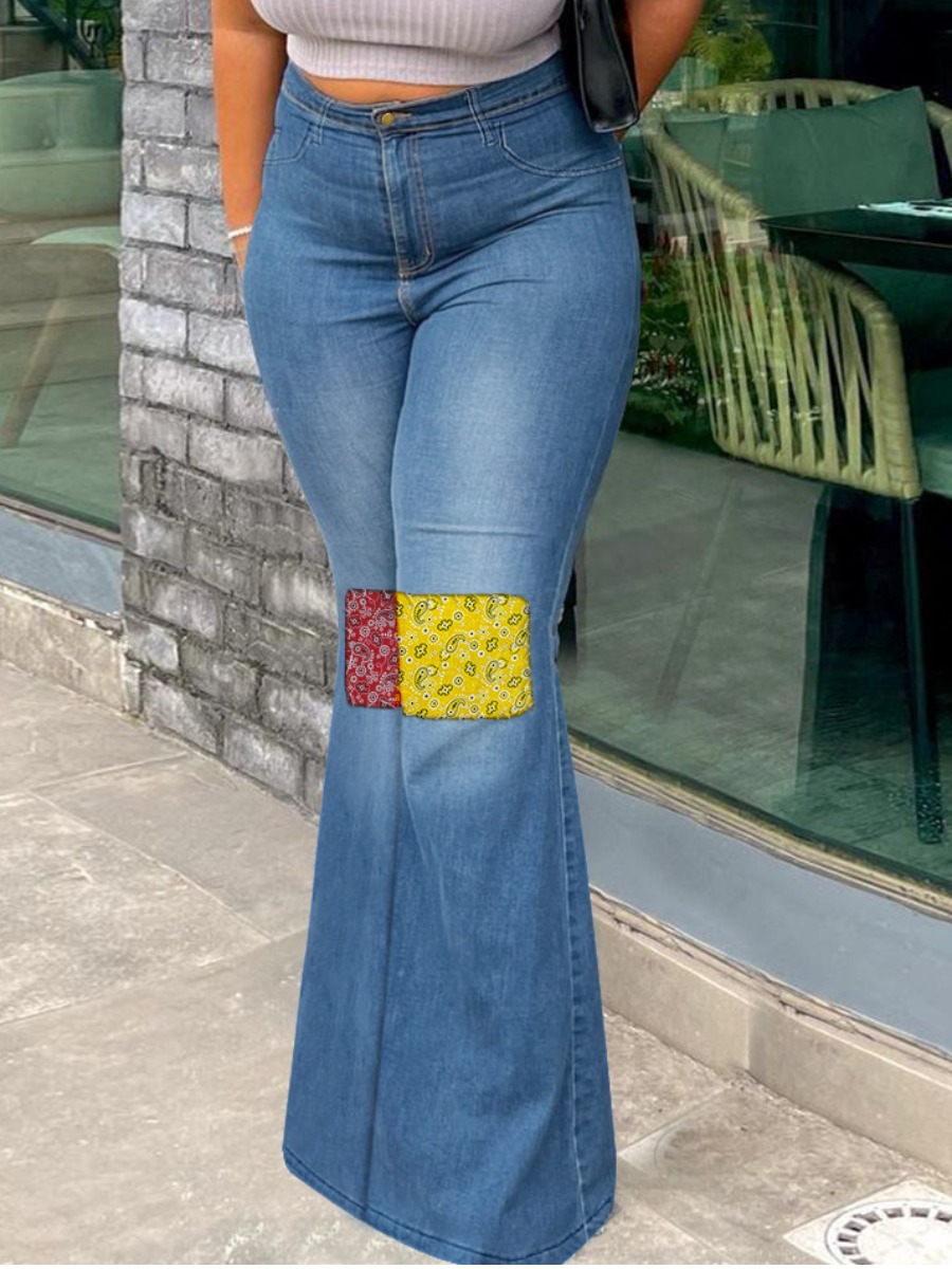 

LW Mid Waist Cashew Print Patchwork Boot Cut Jeans, Blue
